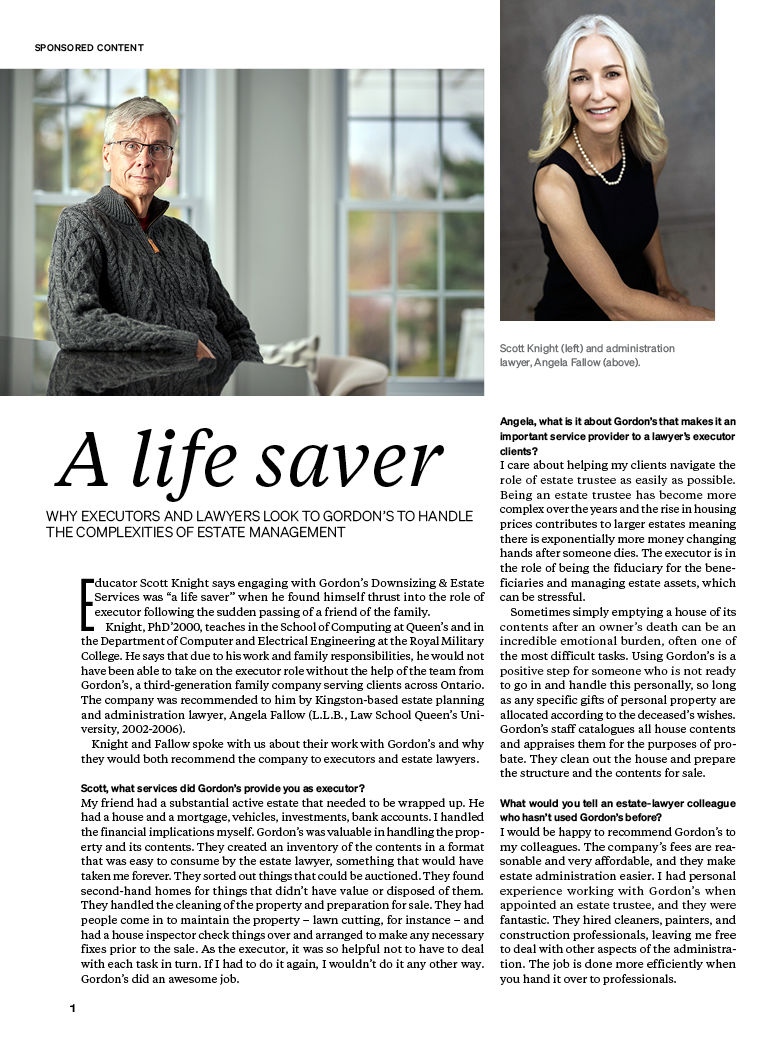 Queen's Alumni Review Magazine Article - Gordons Downsizing